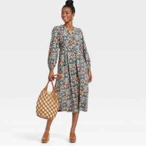 Universal Thread Floral Balloon Sleeve Dress M Blue Coral